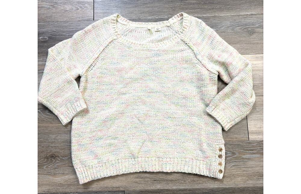 Moth Speckled Knit Pullover Sweater Large Pastel Button Detail